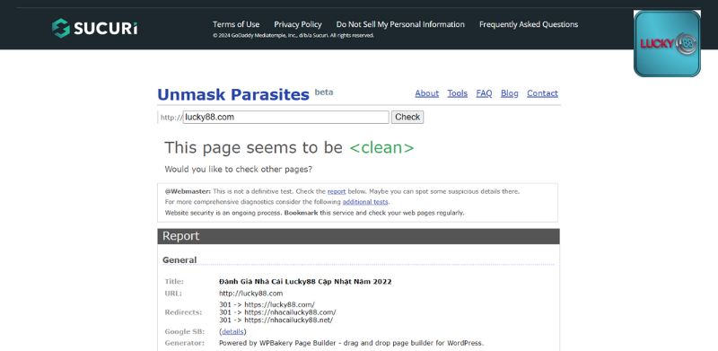 Xác nhận web lucky88.com là của nhà cái Lucky88 và web an toàn của UnMask Parasites